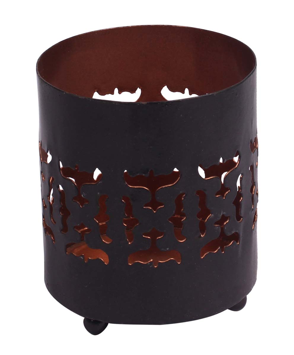 Handmade Votive Candle Stand - Round Shape - Cast in Iron - Black & Copper Color Finish - Abstract Symmetric Motifs - Tea-Light Candle Holders in Metal - Decorative Centerpieces - Buy in Bulk Wholesale